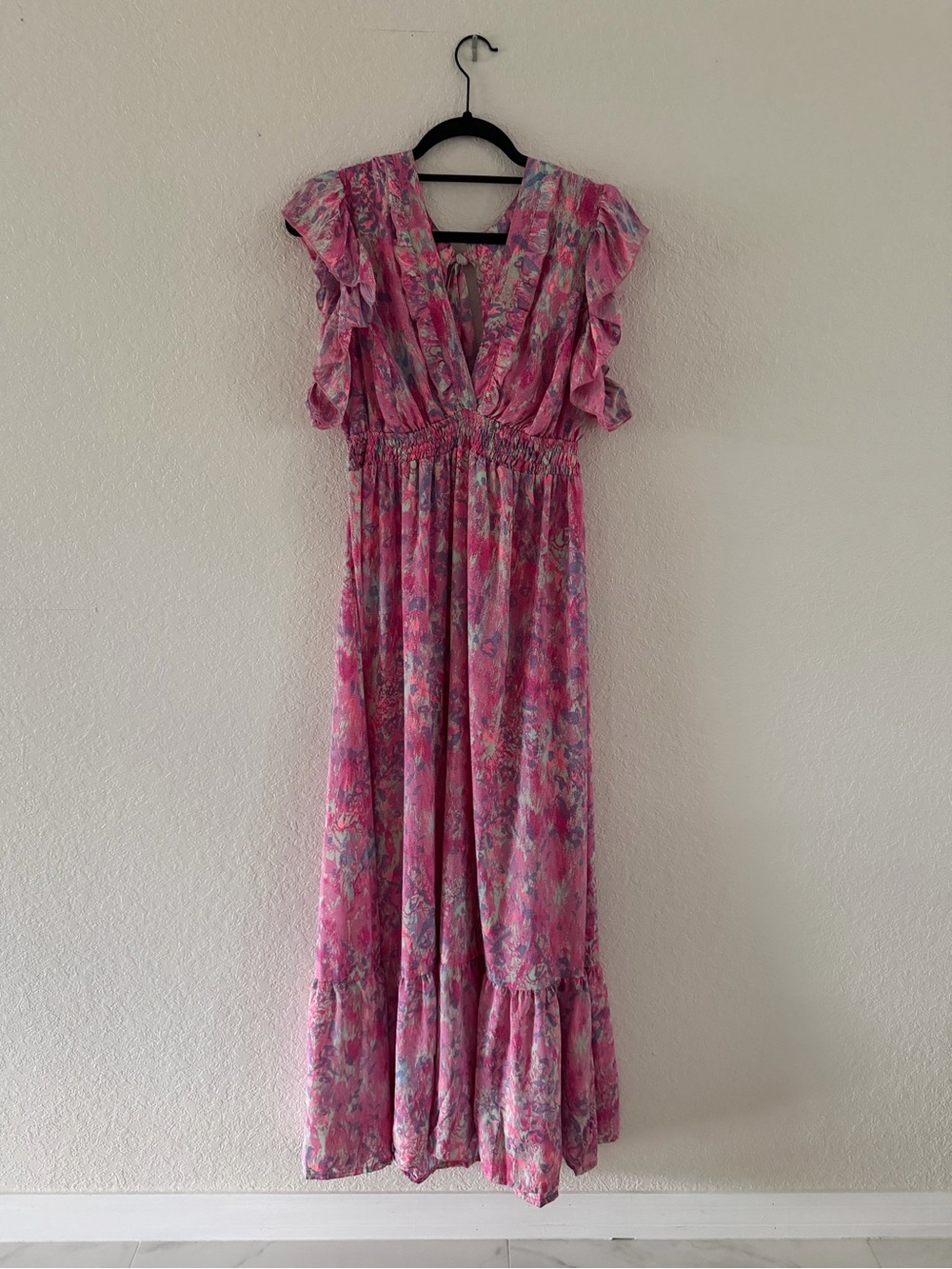 Gold & Silver Paris Floral Faux Wrap Ruffle Maxi Dress Size T2 / M